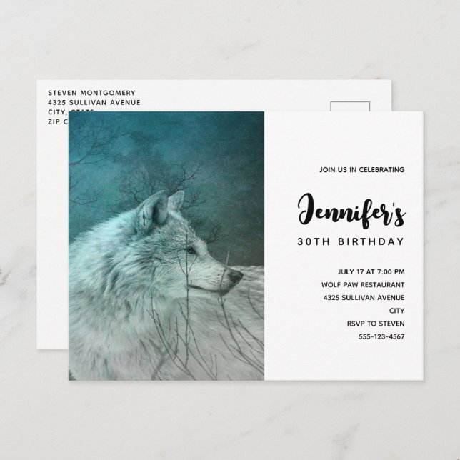 Beautiful Grey Wolf in a Dark Forest Birthday Invitation Postcard (Front/Back)