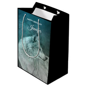 Beautiful Grey Wolf in a Dark Forest Birthday Medium Gift Bag