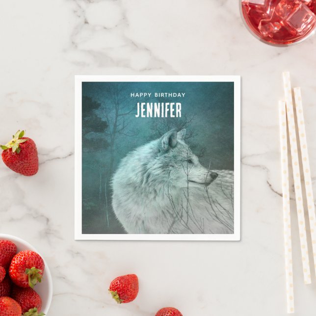 Beautiful Grey Wolf in a Dark Forest Birthday Napkin (Insitu)