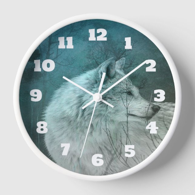 Beautiful Grey Wolf in a Dark Forest Clock (Front)