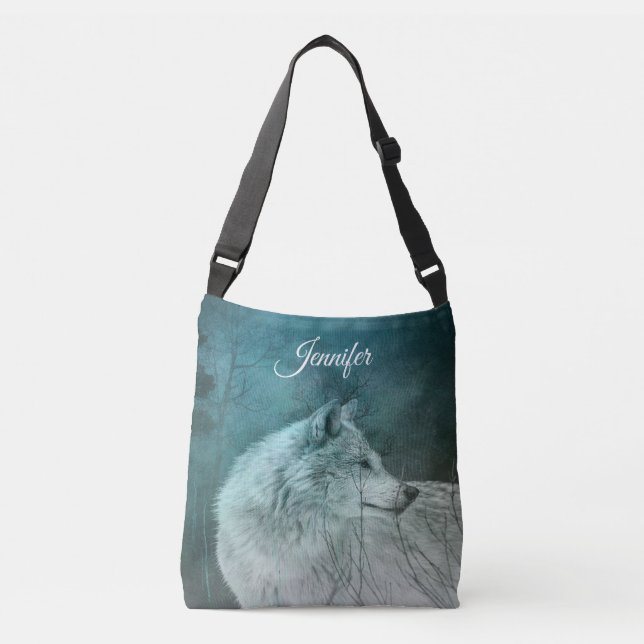 Beautiful Grey Wolf in a Dark Forest Crossbody Bag (Front)
