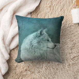 Beautiful Grey Wolf in a Dark Forest Cushion