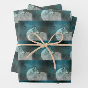 Beautiful Grey Wolf in a Dark Forest Pattern Wrapping Paper Sheet
