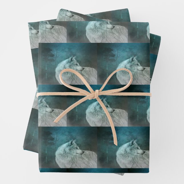 Beautiful Grey Wolf in a Dark Forest Pattern Wrapping Paper Sheet (In situ)