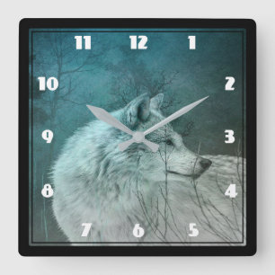 Beautiful Grey Wolf in a Dark Forest Square Wall Clock