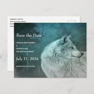 Beautiful Grey Wolf in a Dark Forest Wedding Announcement Postcard
