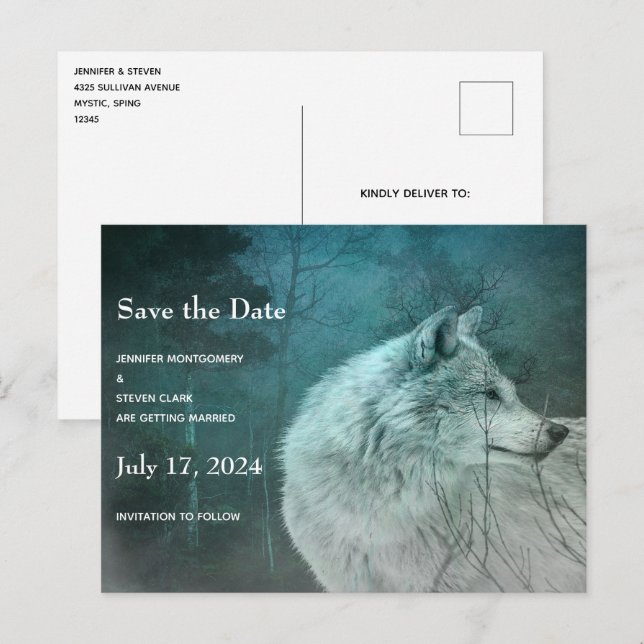 Beautiful Grey Wolf in a Dark Forest Wedding Announcement Postcard (Front/Back)