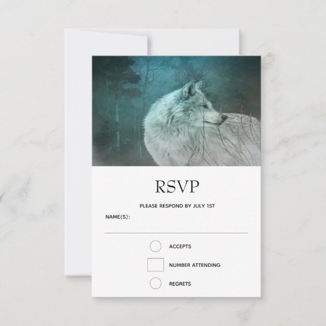Beautiful Grey Wolf in a Dark Forest Wedding RSVP Card (Front)