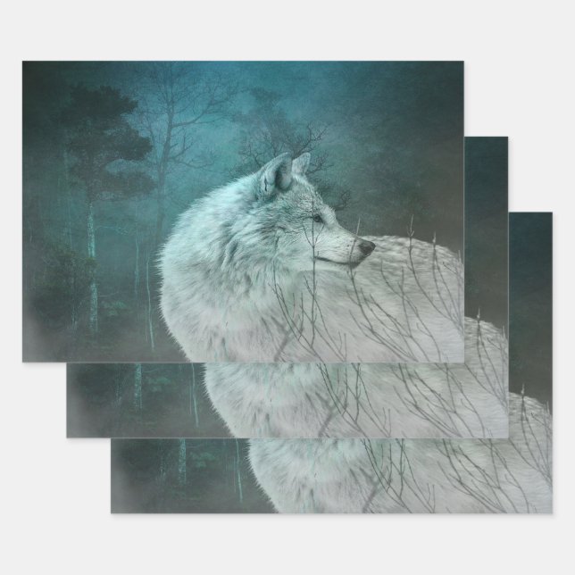 Beautiful Grey Wolf in a Dark Forest Wrapping Paper Sheet (Set)