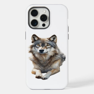 Beautiful Grey Wolf Lounging in Watercolor iPhone 15 Pro Max Case