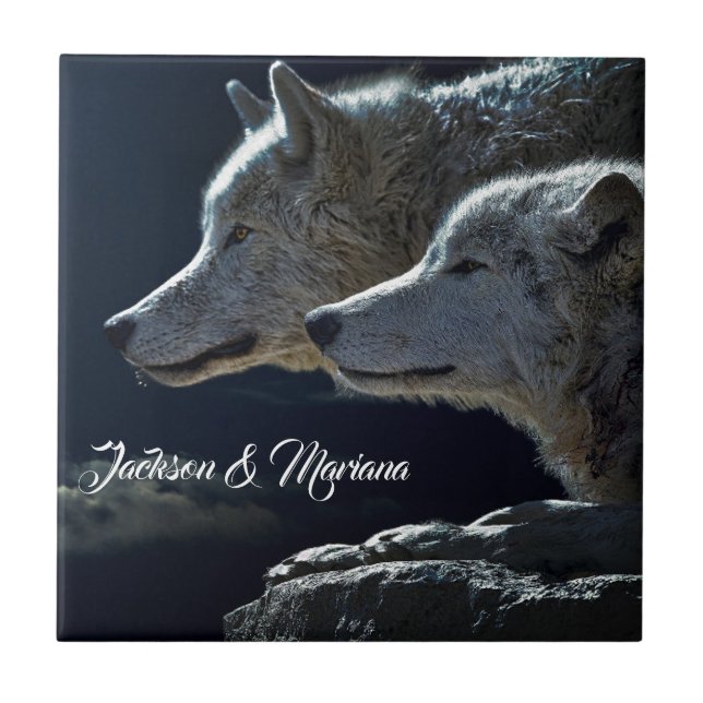 Beautiful Grey Wolves at Night Tile (Front)