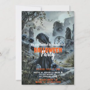 Beautiful Grieving Woman Cemetery Halloween Party Invitation