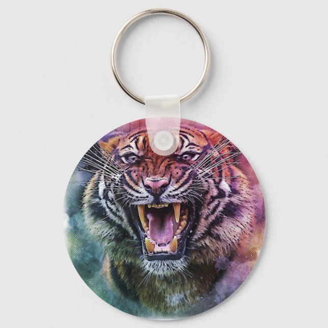 Beautiful Growling Bengal Tiger Face Photo Key Ring (Front)