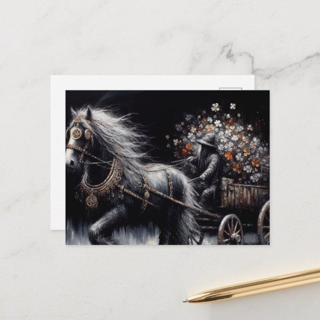 Beautiful Gypsy Vanner Pulling a Cart of Shamrocks Postcard (Front/Back In Situ)