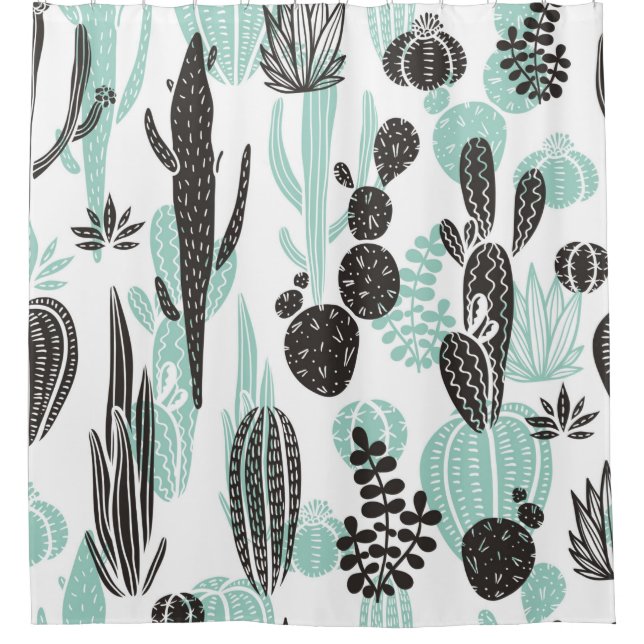 Beautiful hand drawn cacti doodle seamless pattern shower curtain (Front)