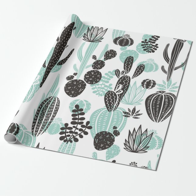 Beautiful hand drawn cacti doodle seamless pattern wrapping paper (Unrolled)