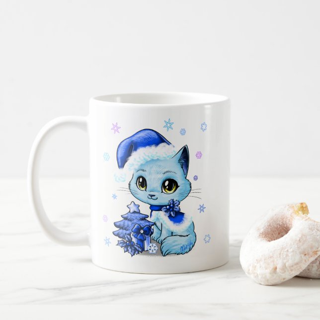 Beautiful Hand Drawn Christmas Cat Mug by Mei Yu (With Donut)