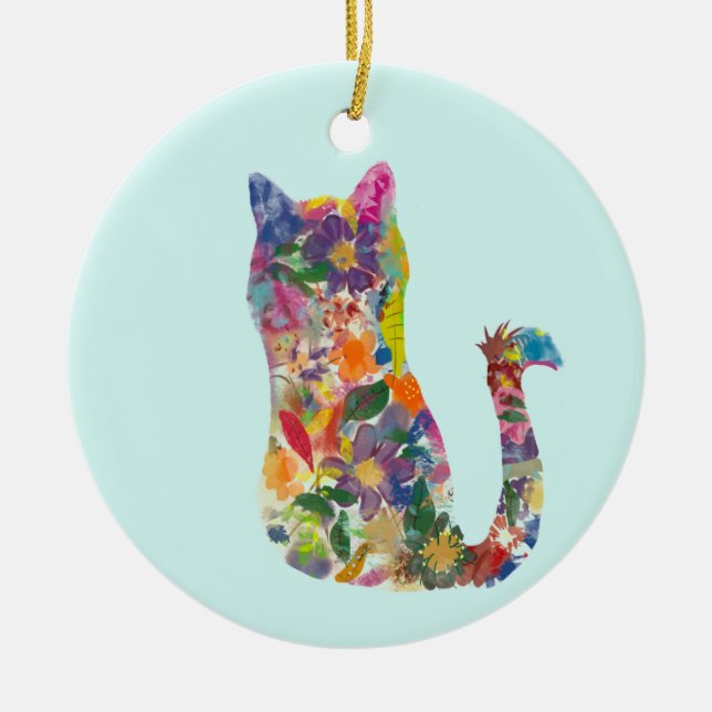 Beautiful hand drawn flower cat ceramic ornament (Front)