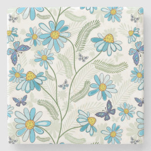 Beautiful Hand Drawn Pastel Blue Floral Pattern Stone Coaster