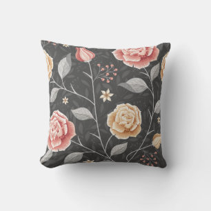 Beautiful Hand Drawn Pink and Yellow Rose Pattern Cushion