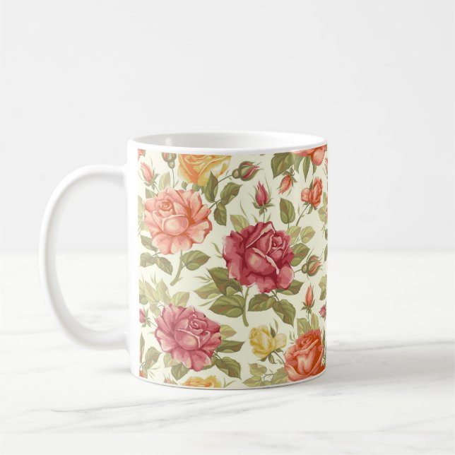 Beautiful Hand Drawn Red and Peach Roses Coffee Mug (Left)