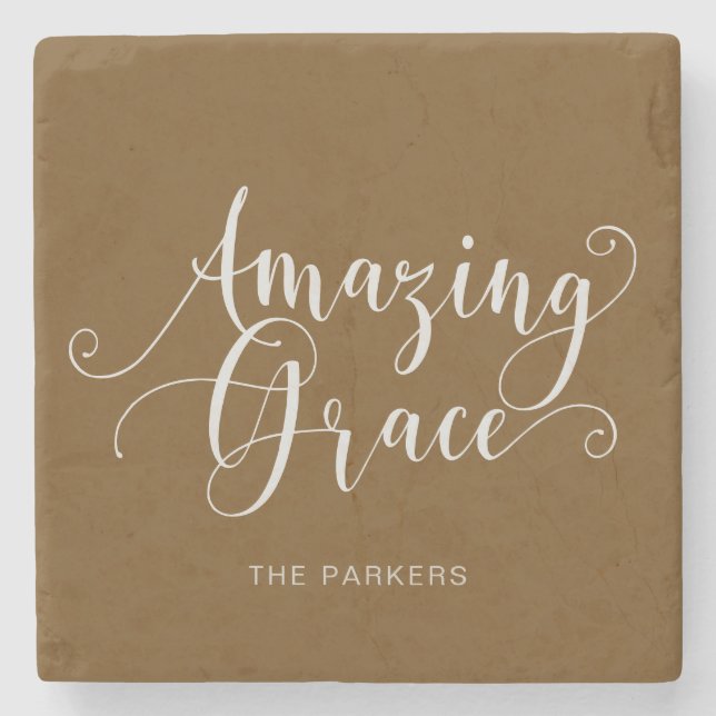 Beautiful, hand-lettered Amazing Grace script Stone Coaster (Front)