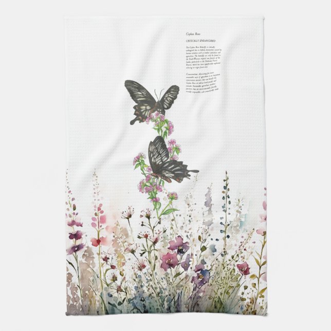 Beautiful Hand-Painted Ceylon Rose Butterflies Tea Towel (Vertical)
