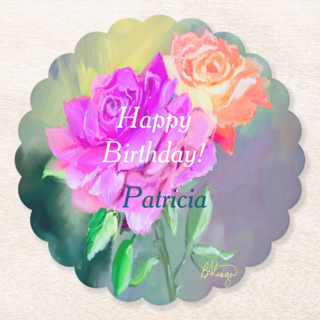 Beautiful hand painted roses  for special occasion paper coaster (Front)