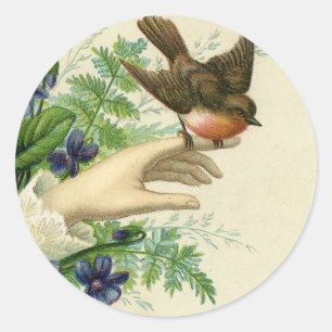 Beautiful hand with a bird and flowers classic round sticker