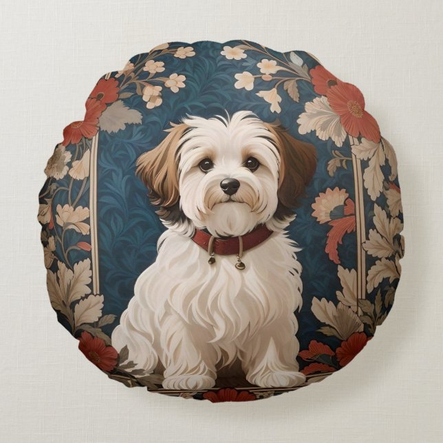 Beautiful Havanese Dog William Morris Floral Round Cushion (Front)