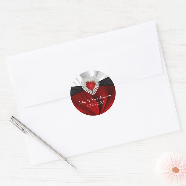 Beautiful Heart Wedding in Red Satin Classic Round Classic Round Sticker (Envelope)