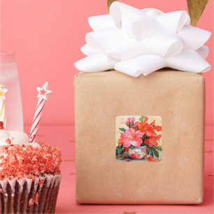 Beautiful Hibiscus Flowers, Pink/Red, Square Sticker