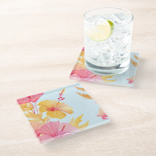 Beautiful Hibiscus Tropical Flower Watercolor Glass Coaster