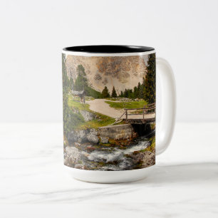 Beautiful Hiking Trail River, Trees & Mountains Two-Tone Coffee Mug