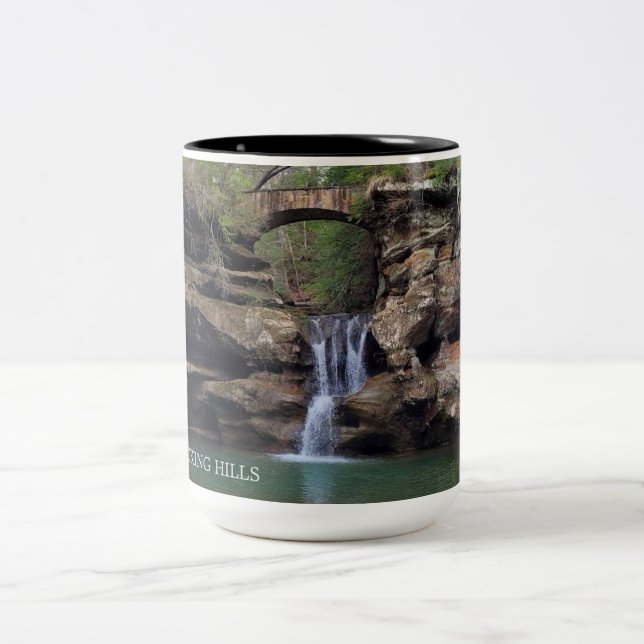 Beautiful Hocking Hills Iconic Waterfall  Two-Tone Coffee Mug (Center)