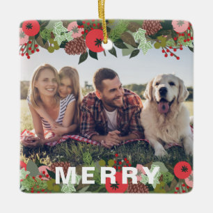 Beautiful Holiday Botanical Merry Type Photo Ceramic Ornament