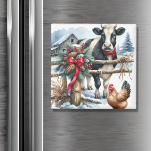 Beautiful Holiday Cow with Rooster Christmas Magnet
