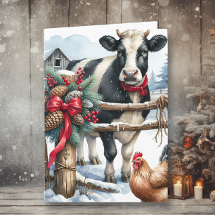Beautiful Holiday Cow with Rooster Personalised Card