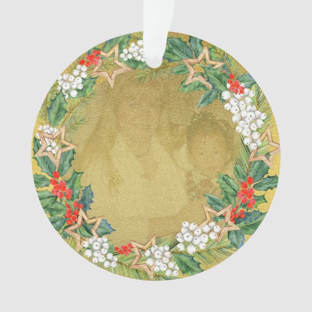 Beautiful Holiday Wreath on Gold Foil Photo  Ornament (Front)
