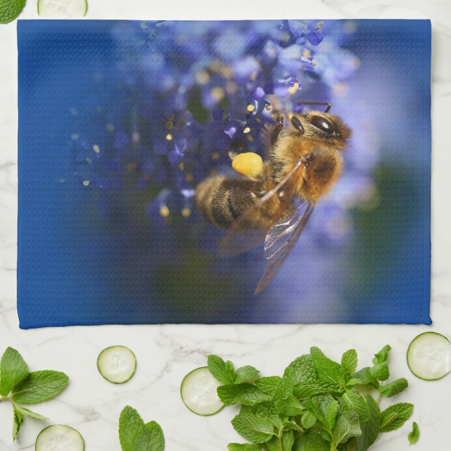 Beautiful Honeybee on the California Lilac Tea Towel (Folded)