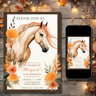 Beautiful Horse and Autumn Flowers Fall Birthday Invitation