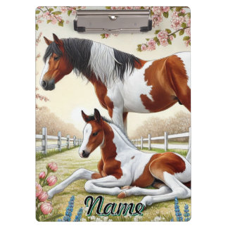 Beautiful Horse and Foal in a Blooming Orchard Clipboard