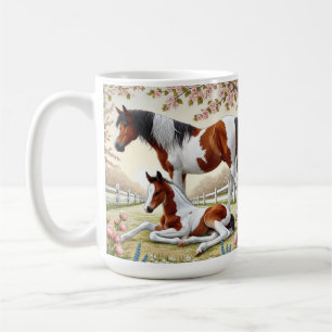 Beautiful Horse and Foal in a Blooming Orchard Coffee Mug