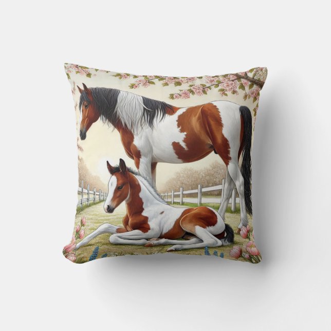 Beautiful Horse and Foal in a Blooming Orchard Cushion (Front)
