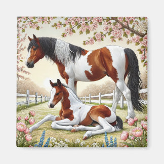 Beautiful Horse and Foal in a Blooming Orchard Magnet
