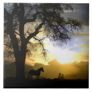 Beautiful Horse and Oak Tree Art Tile