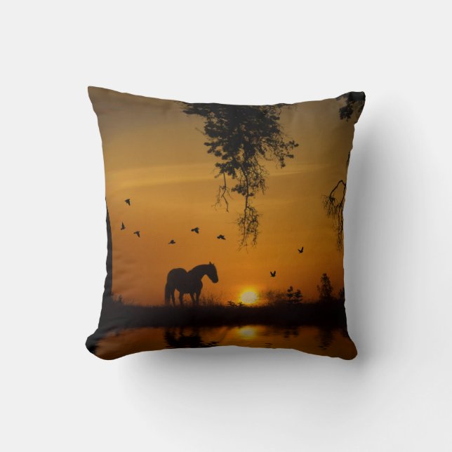 Beautiful Horse and Oak Tree Sunset Cushion (Front)