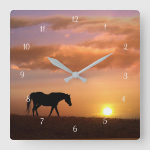 Beautiful Horse and Sunrise Morning Square Wall Clock