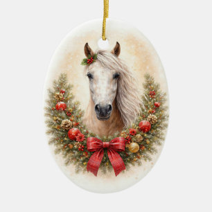 Beautiful Horse and Wreath Christmas Holiday Ceramic Ornament