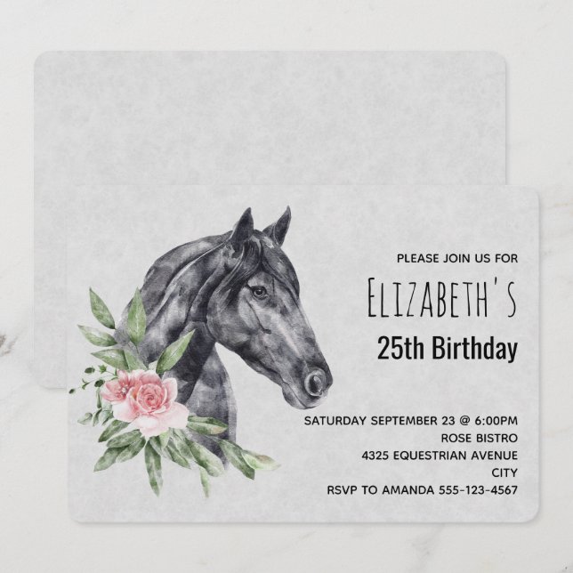 Beautiful Horse Head in Watercolor Birthday Invitation (Front/Back)